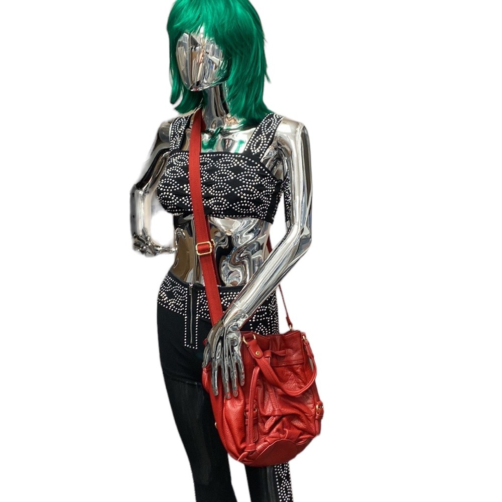The Sak Crossbody Bucket Bag Women Red Leather Purse‎ Drawstring Snap Crossbody